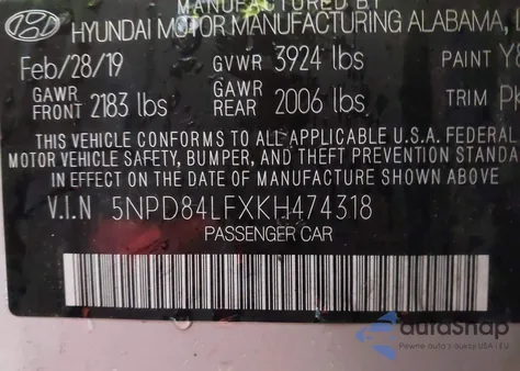 2019 Hyundai Elantra Limited z USA, uszkodzony, nr VIN 5NPD84LFXKH474318